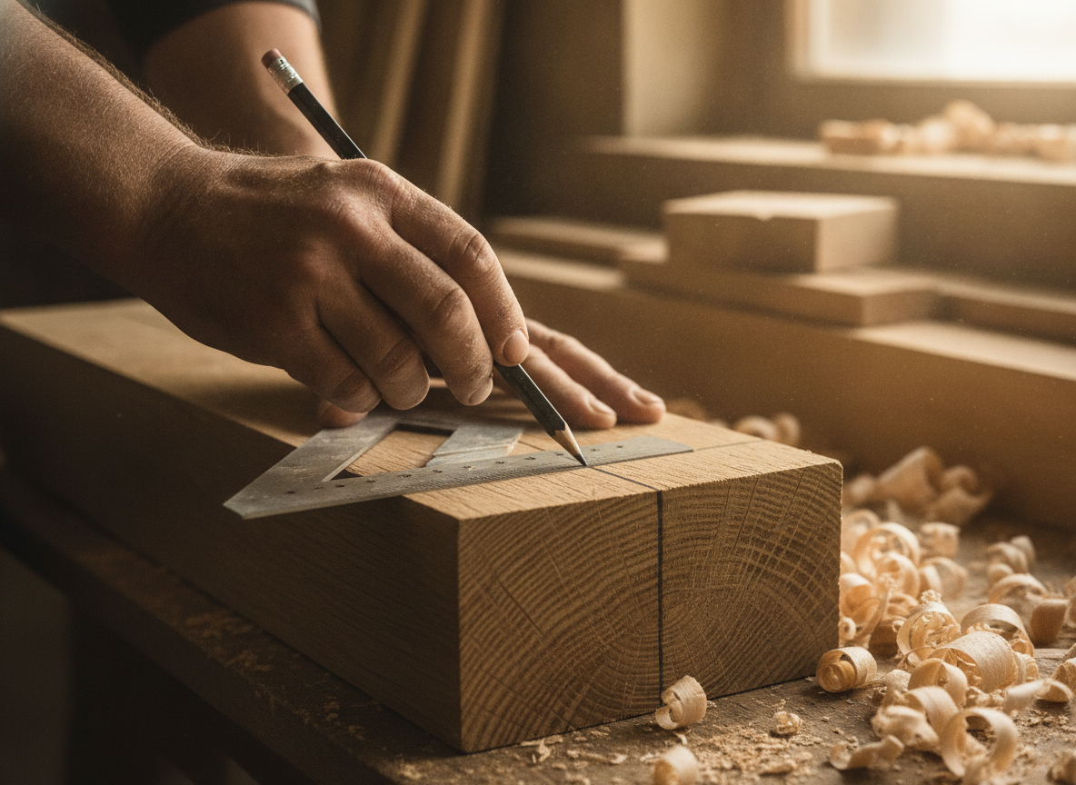 A Frazier carpenter marking a timber beam by hand